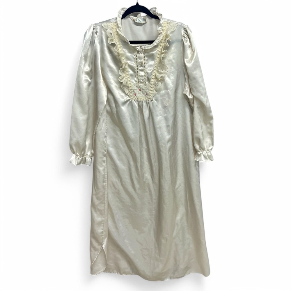 Vintage Nightgown 1960s‎ Ashley Ames Offwhite Cream Satin Maxi Longsleeve XL
